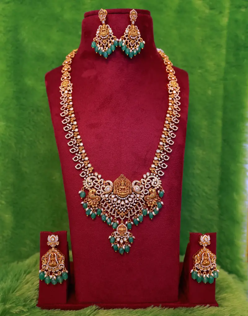 Nakshi Long Necklace Set with Green Beads & Lakshmi Pendant