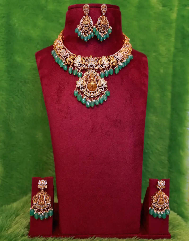 Nakshi Short Necklace Set with Green Beads & Lakshmi Pendant